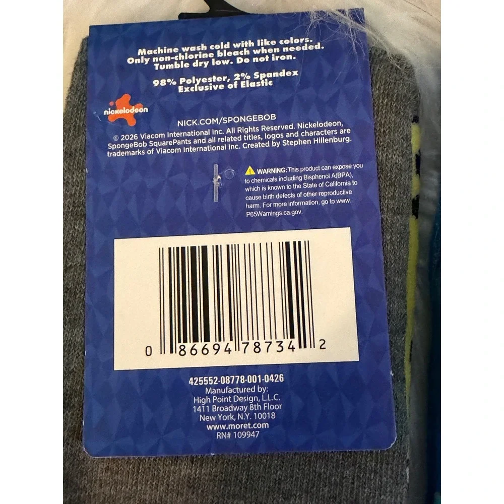 SpongeBob SquarePants Crew Socks 2 Pair Set Grey Blue Mens Size 6.5-12 New